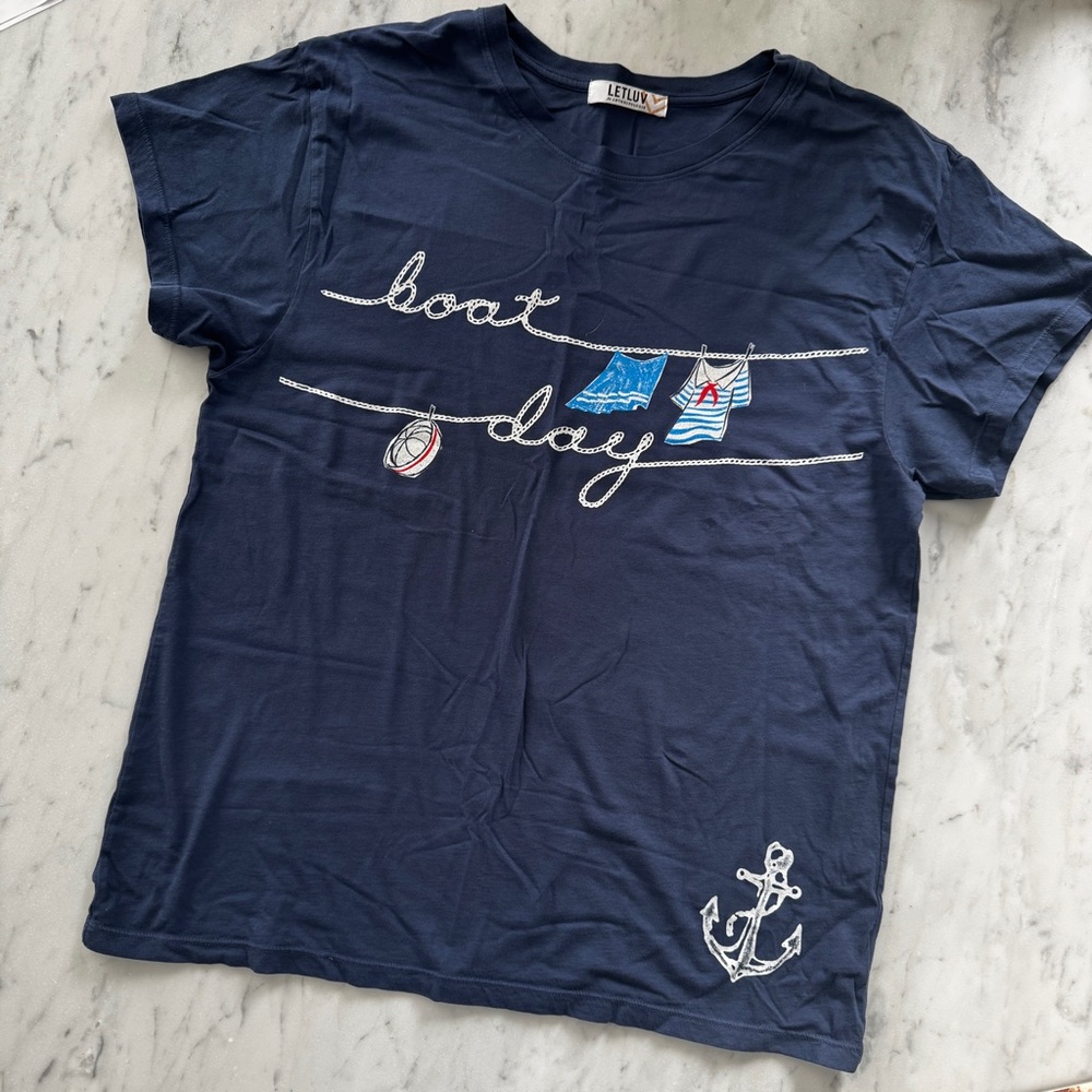 Letluv Summer Day Graphic Tee ‘Boat Day’ Navy Blue Nautical T-Shirt Vintage Wash